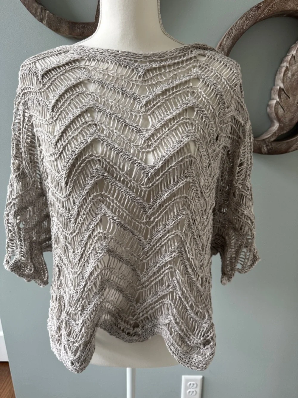 Eileen Fisher Open-Knit Chevron Scoop Neck Sweater - Taupe Grayish Size XL